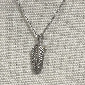 Vintage Roman Signed Feather and Pearl Necklace on Delicate Silver Tone Chain